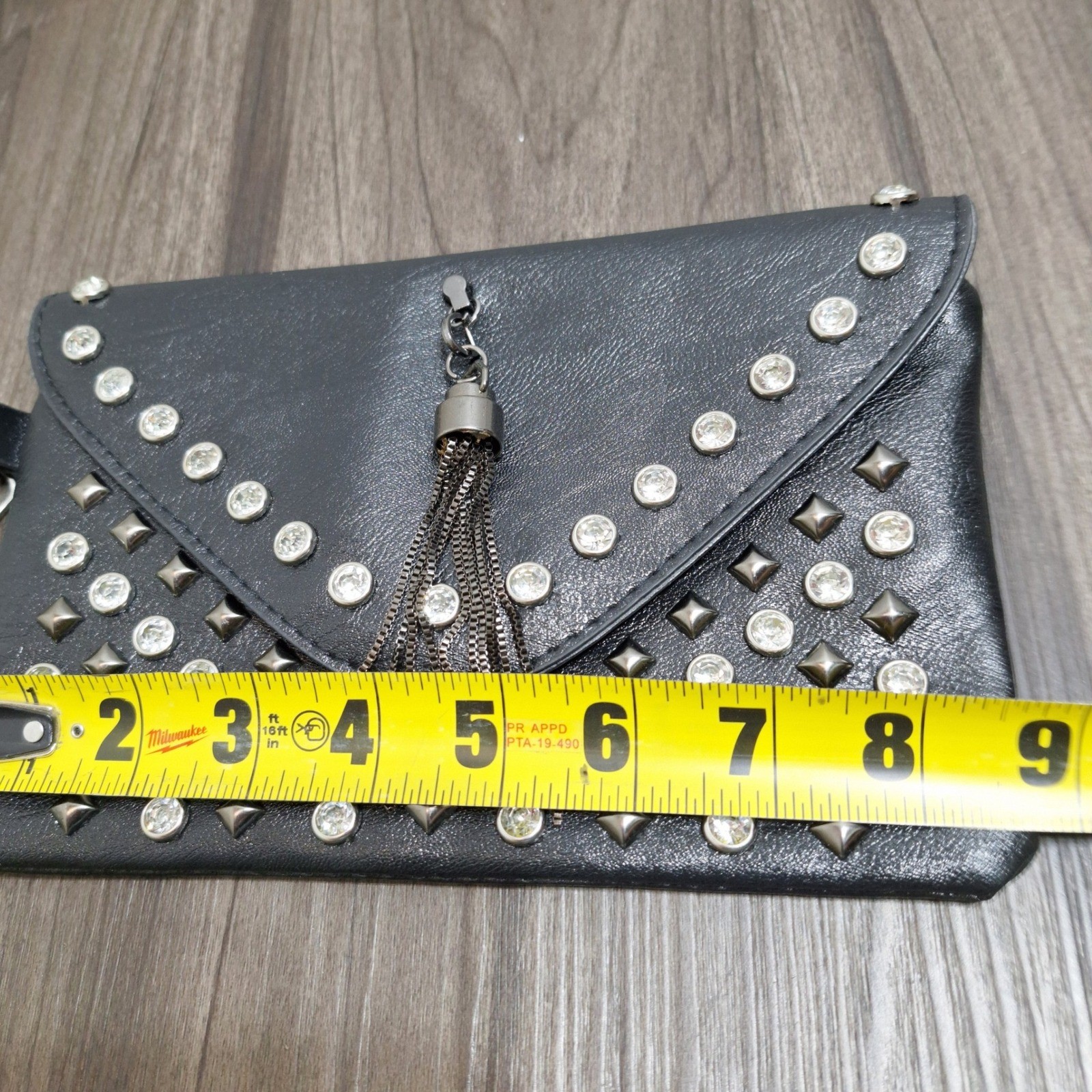 Black Faux Leather Studded Rhinestone Wristlet Clutch with Chain Tassel Edgy