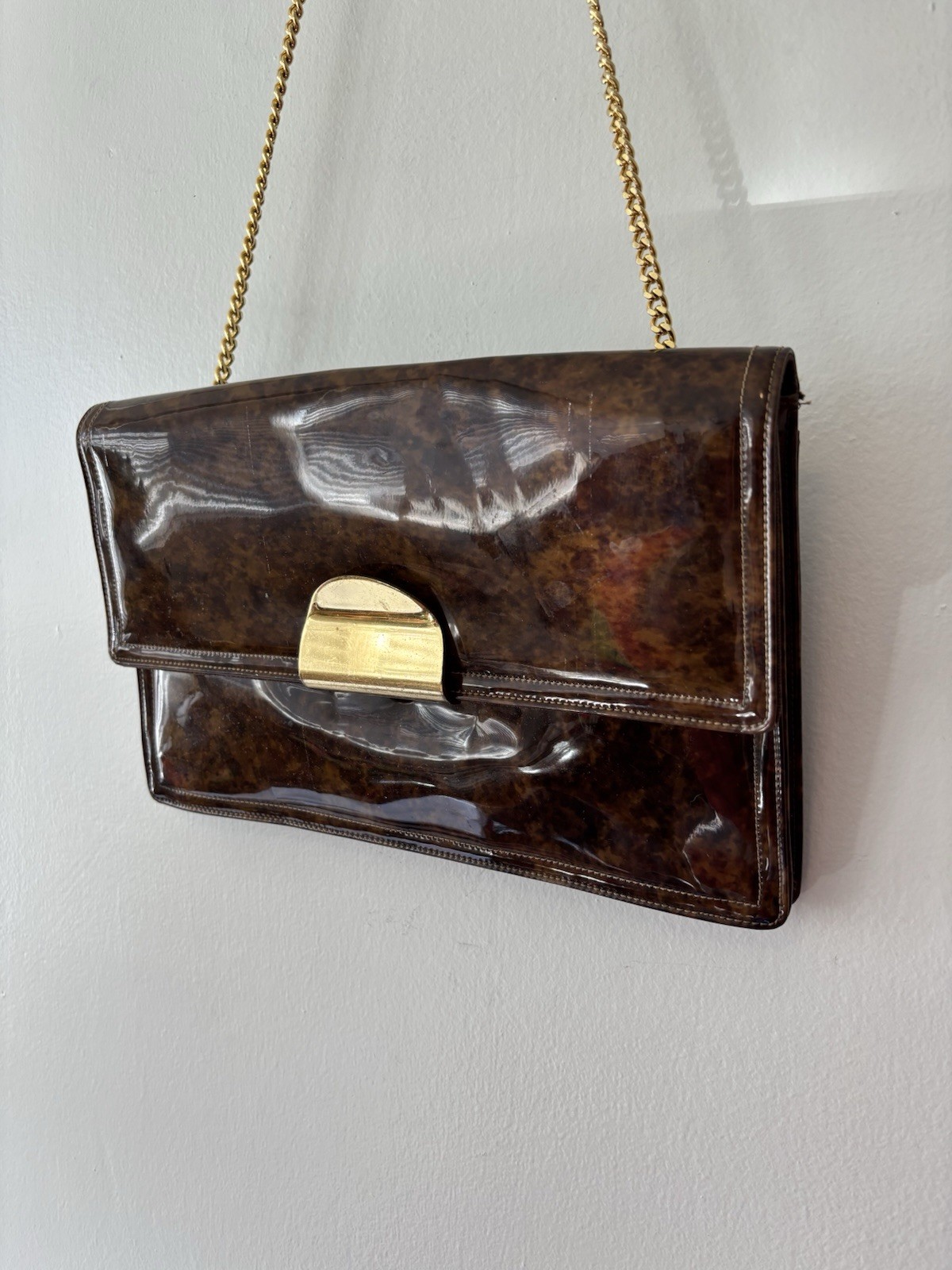 Morris Moskowitz Shoulder Bag Brown Patent Gold Chain Flip Close Latch
