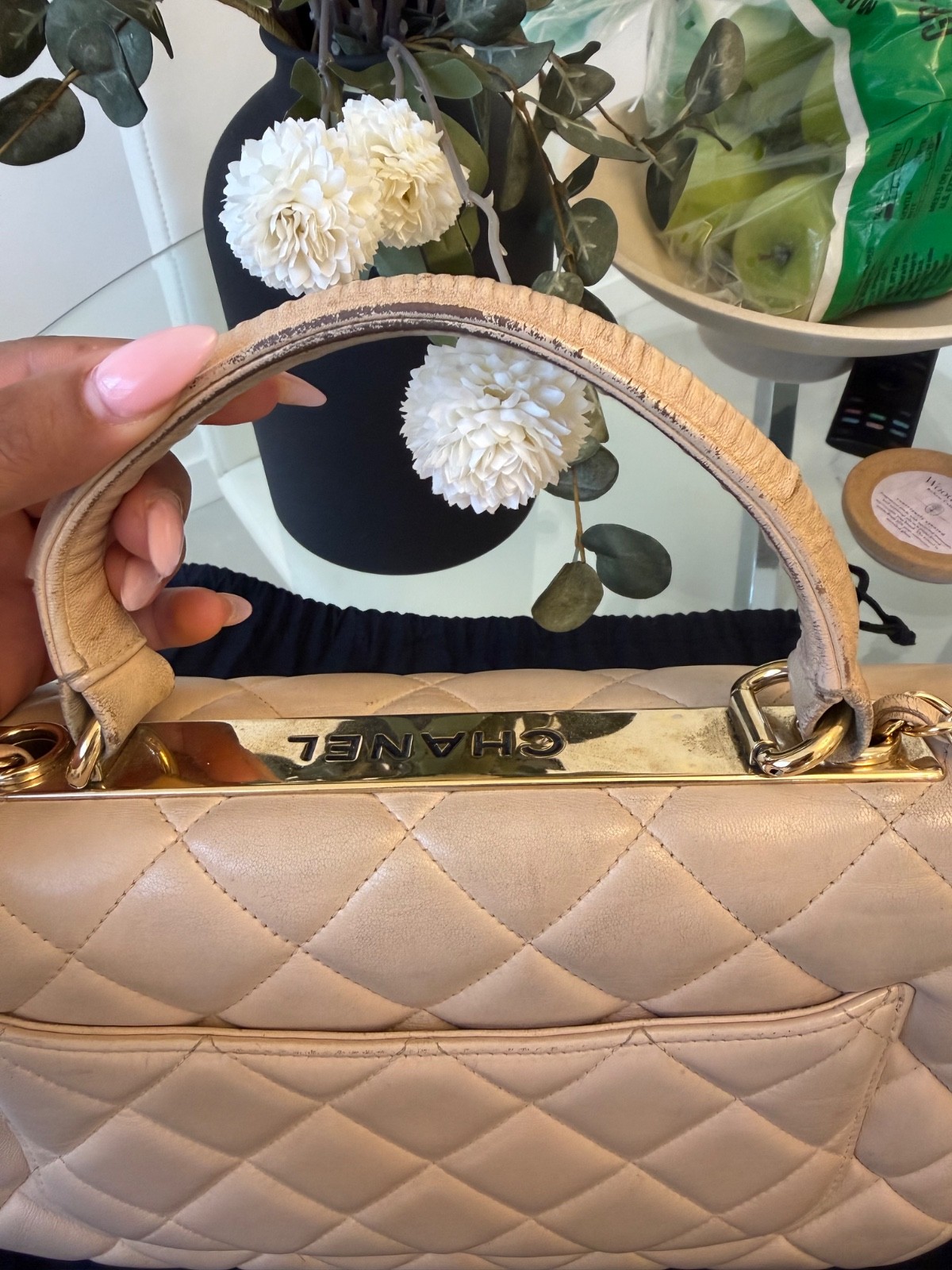 Chanel Beige Top Handle Bag Quilted Lambskin Medium Neutral Gold Hardware