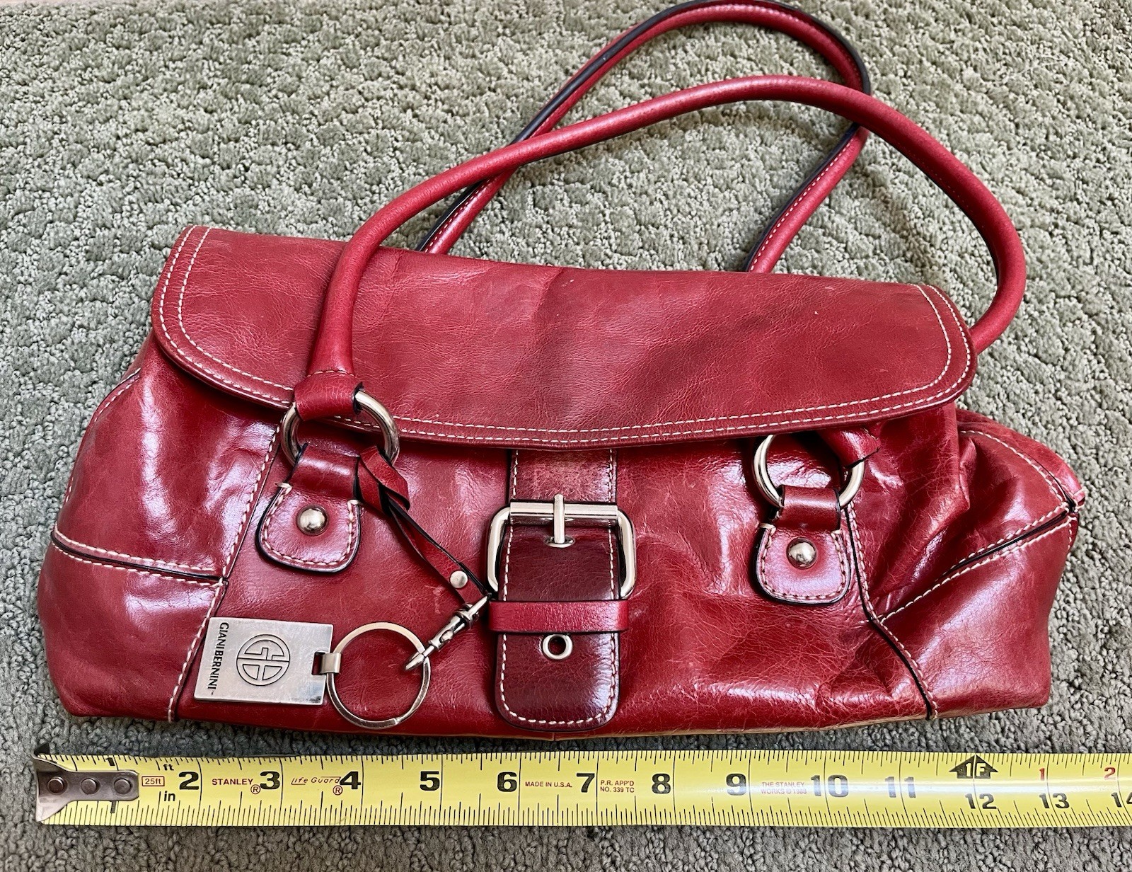 Giani Bernini Small Red Satchel Top Handle Buckle/Magnetic Charm Silver Pockets