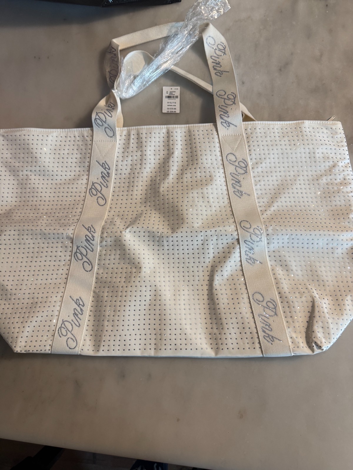 Victoria’s Secret PINK White Rhinestone Studded Tote Bag Large Shopper NWT