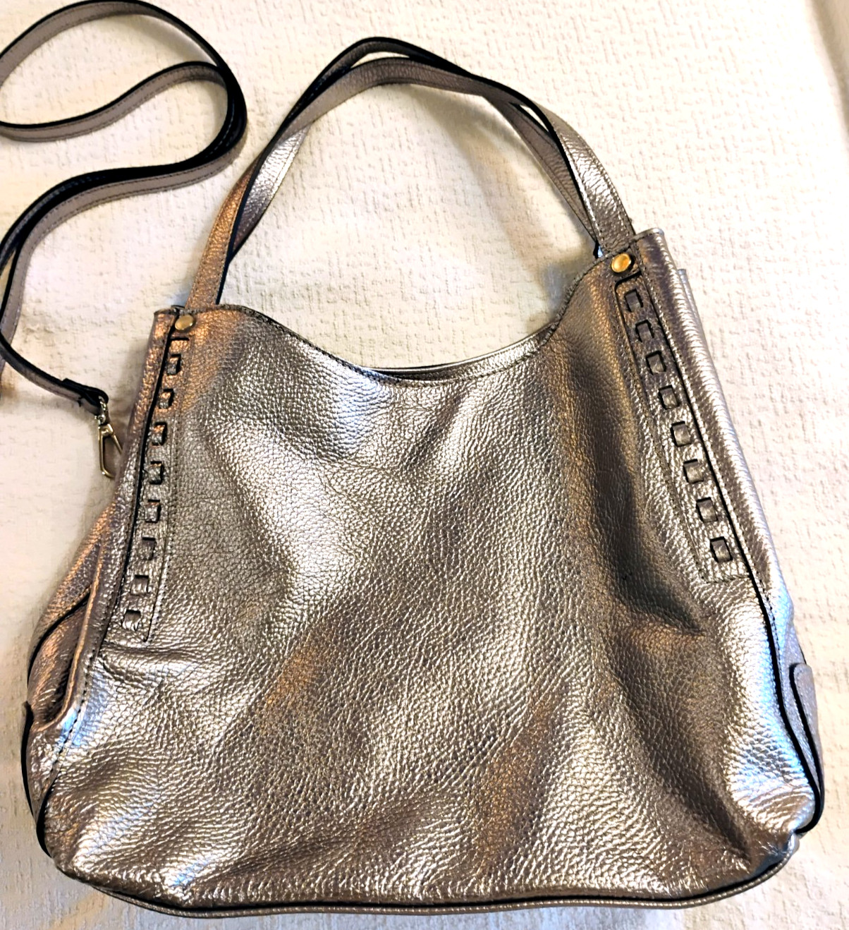⚫ TANO Italian Whipstitch Double Handle Hobo Metallic Silver Detachable Strap