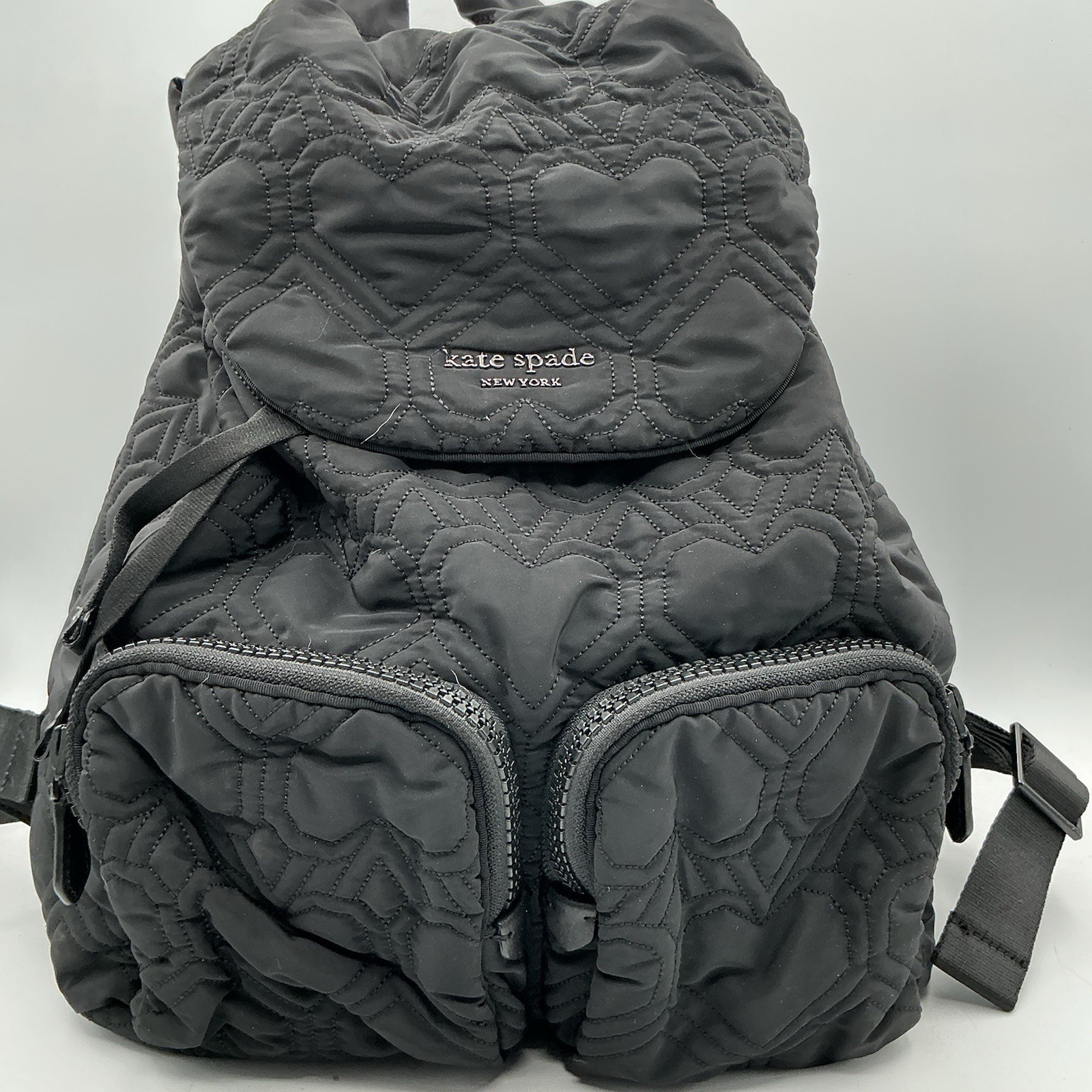 Kate Spade Black Quilted Heart Nylon Backpack Drawstring Front Pockets