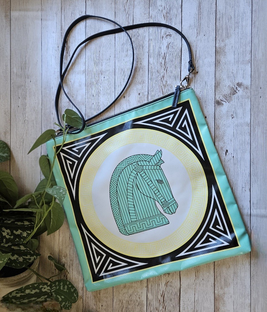 Jonathan Adler square crossbody bag tote features a graphic equestrian horse