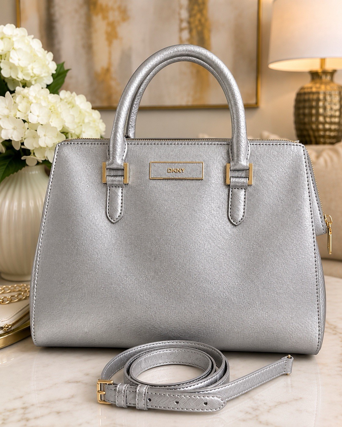 DKNY Metallic Silver Saffiano Satchel Crossbody Handbag Purse Strap Dust Bag