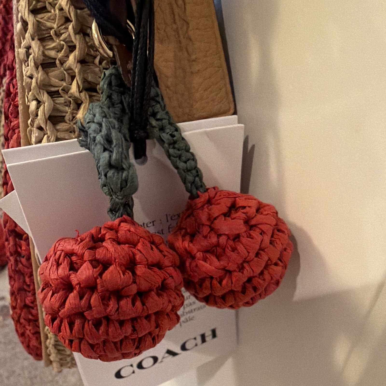 NWT COACH Emily Straw Crescent Shoulder Bag Red Tan Zip Extra Strap Cherries