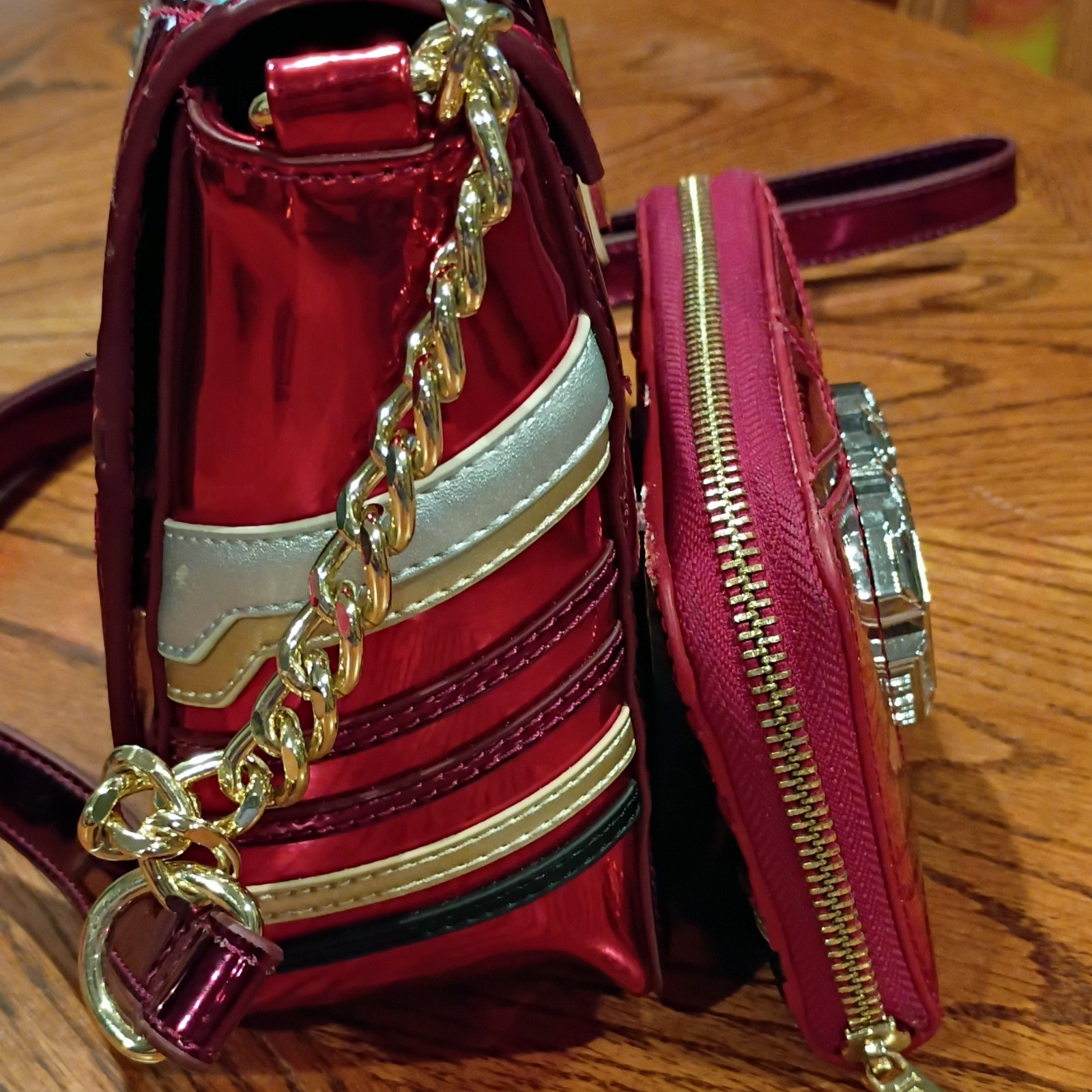 Loungefly Iron Man Metallic Red Crossbody Bag Gold Chain Strap w/ Wallet