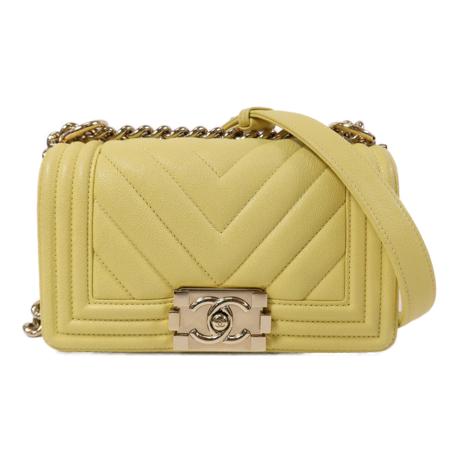 CHANEL CC GHW Boy 20 Chain Shoulder bag A67085 Calfskin Leather Yellow