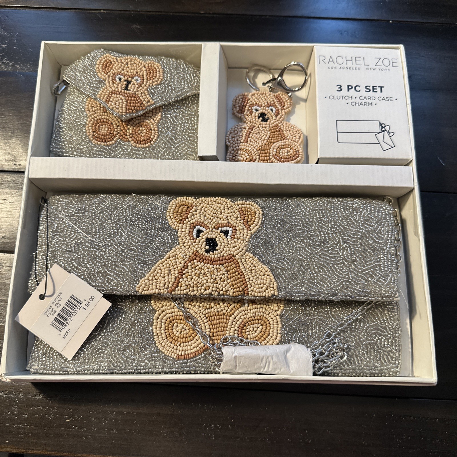 Rachel Zoe Teddy Bear Beaded Shoulder Bag, Wallet and Key Chain 3-Piece Set-$98