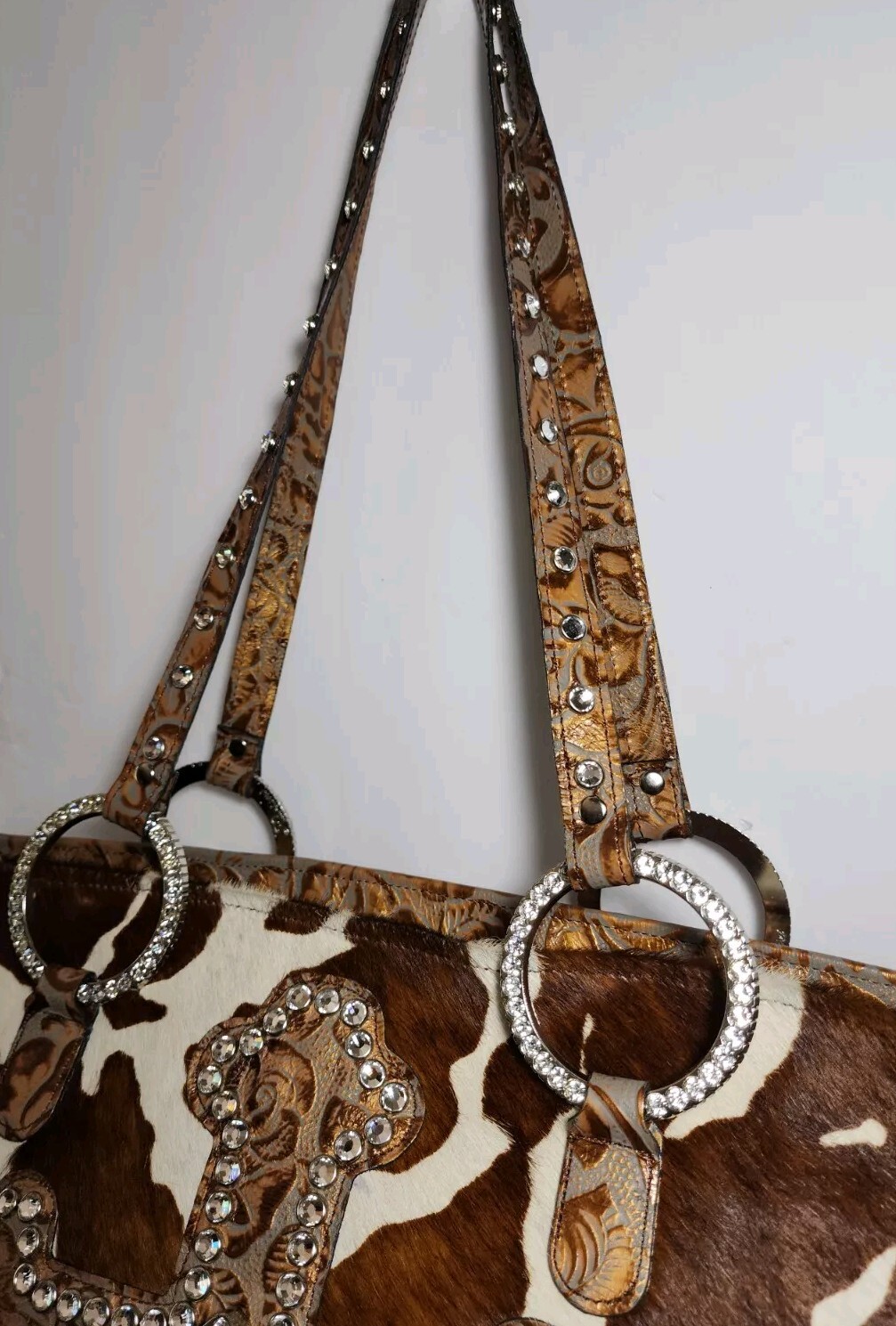 RAVIANI SUSANNE’S CRYSTAL EMBELLISHED 3D CROSS & ROSES CALF HAIR ON LG TOTE $545