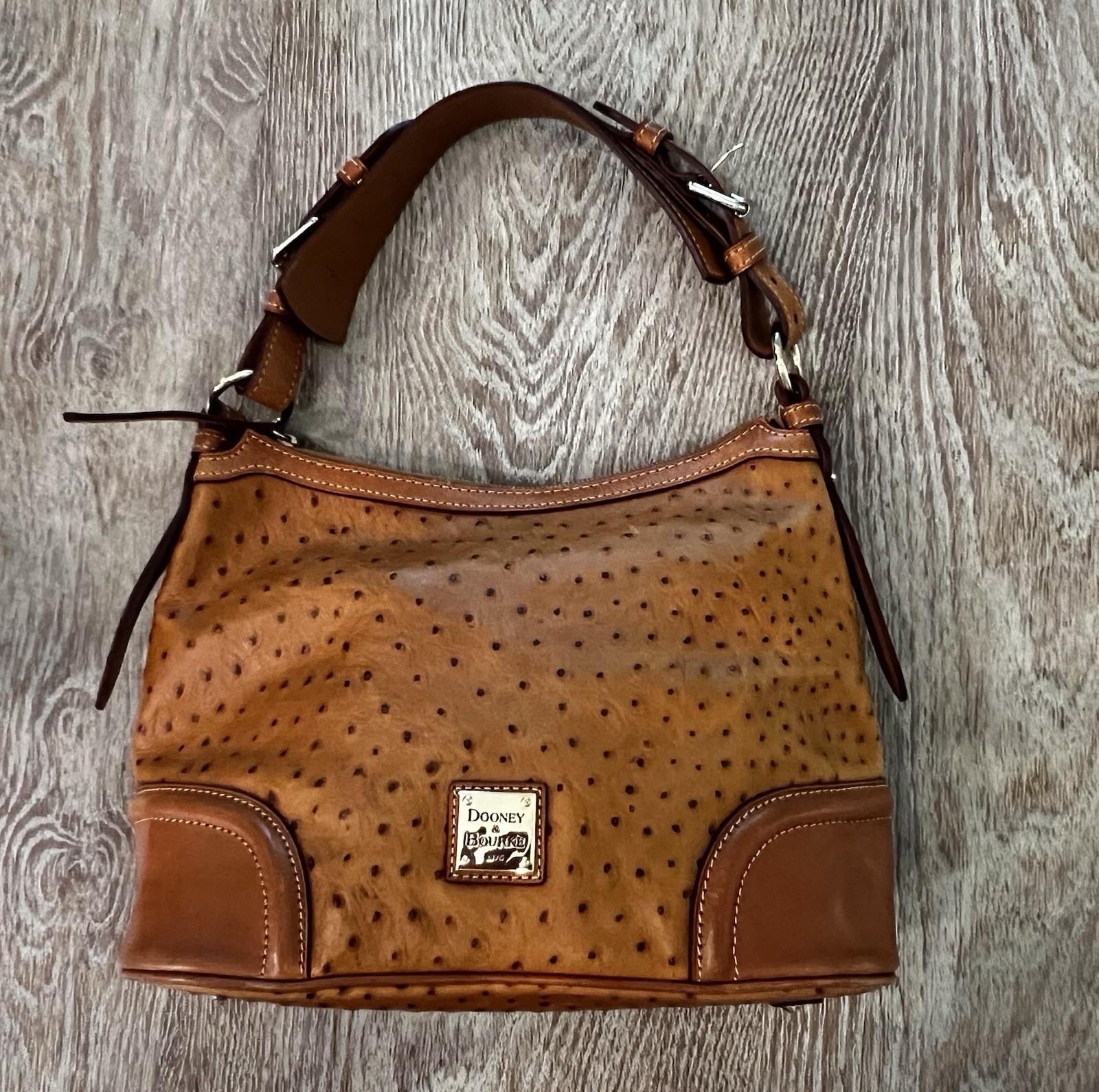 Dooney & Bourke Caramel Ostrich Pebbled Shoulder Bag Black Strap Zip Dust Bag