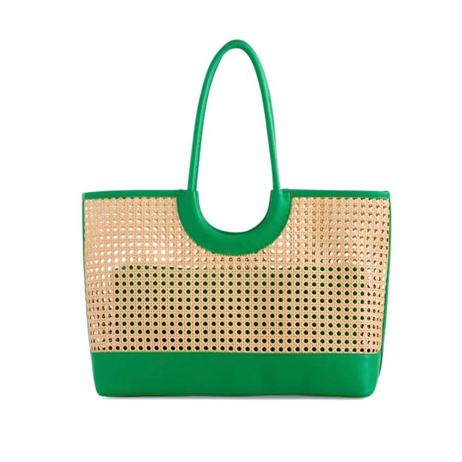 Shiraleah Lyra Tote Bag Green Woven Cane Straw Vegan Leather Large Beach NWT