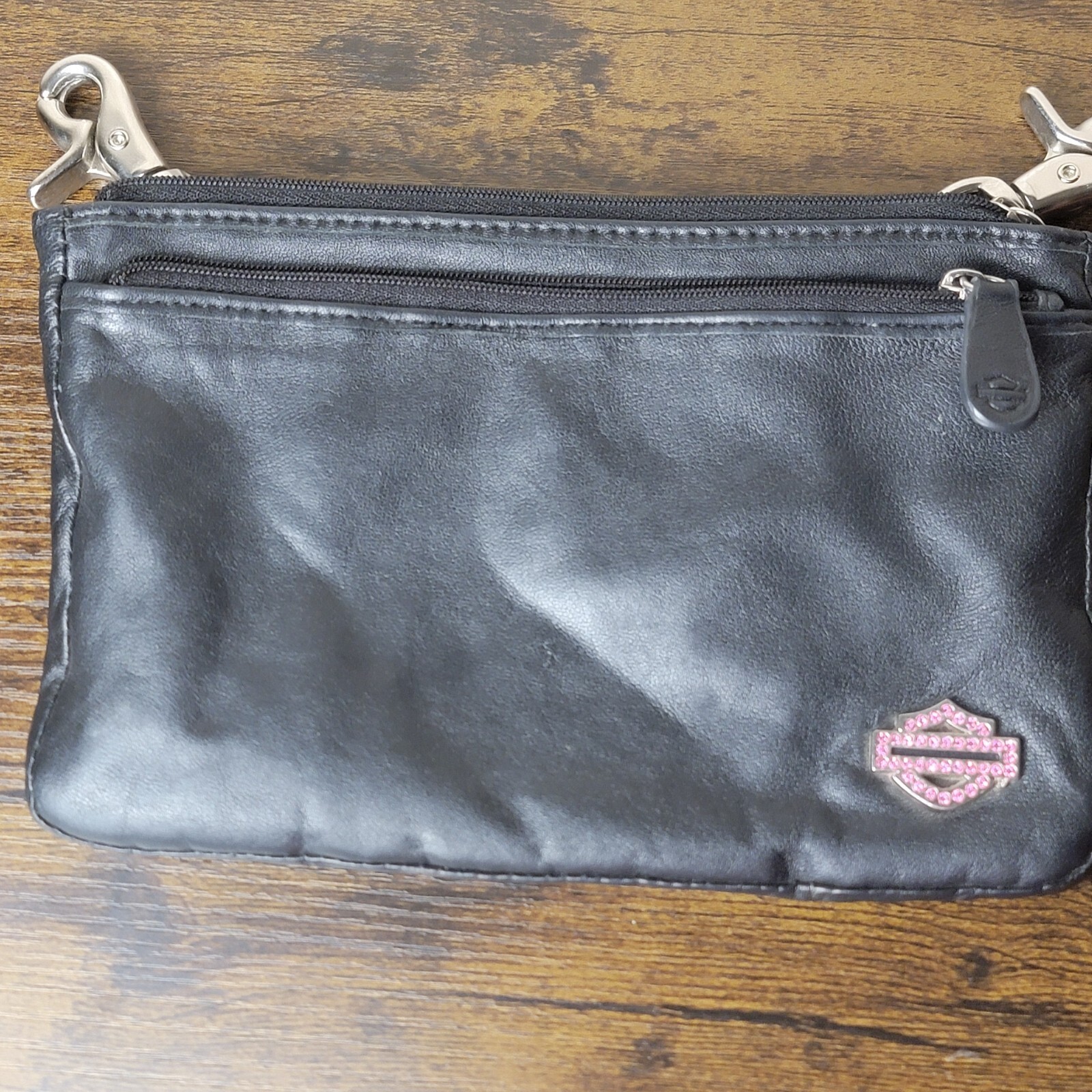 Harley-Davidson Black Leather Wristlet Clutch with Pink Rhinestone Logo