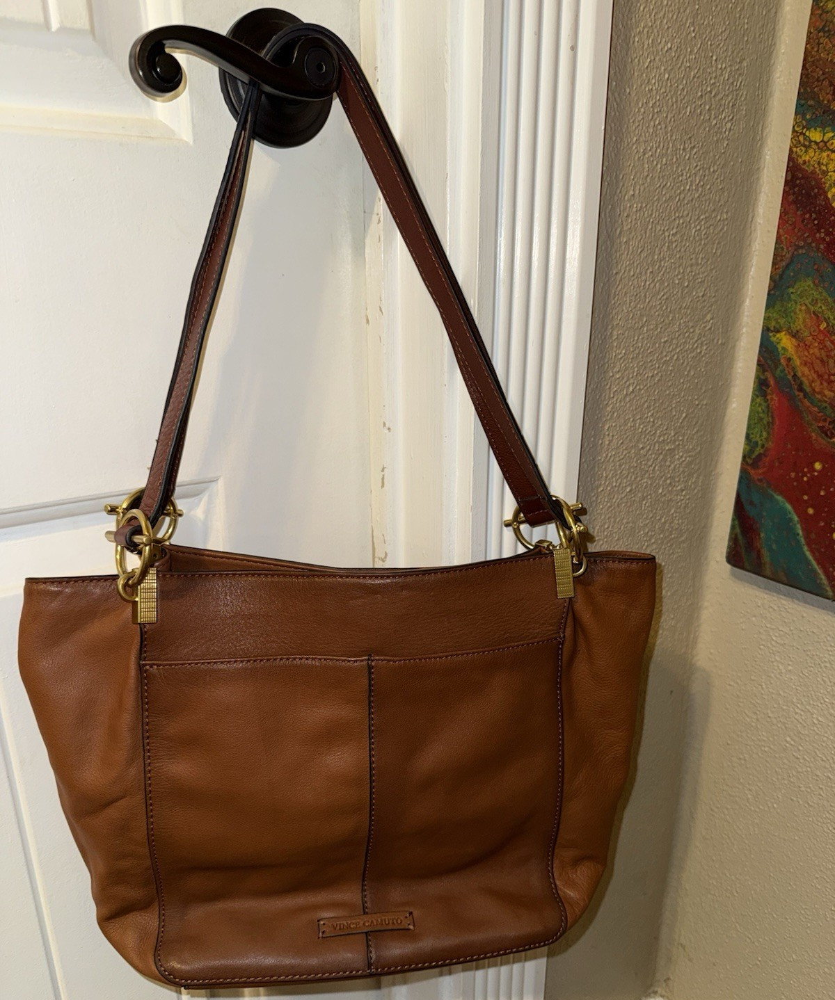 Vince Camuto Brown Shoulder Bag, Gold Hardware, Magnetic Closure, Inner Pockets
