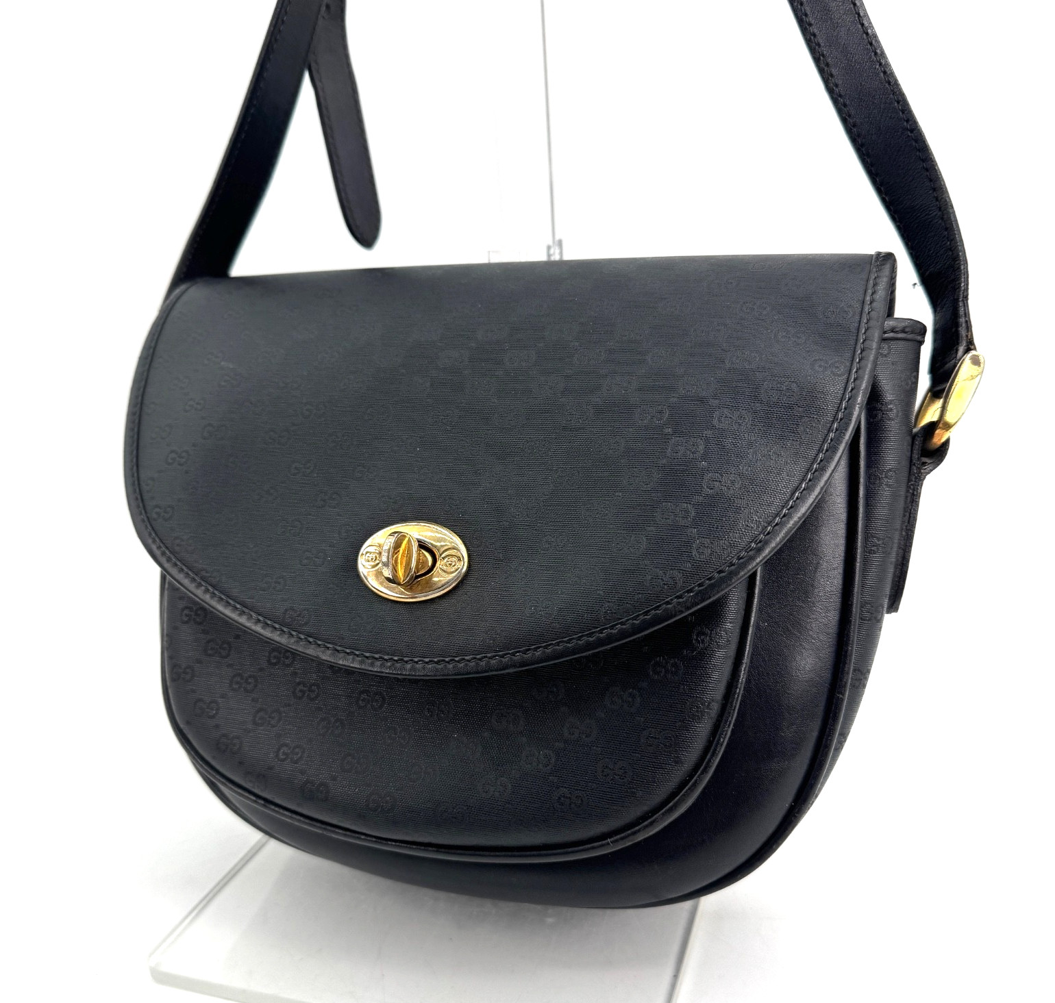 Vintage GUCCI Shoulder Bag Micro GG Turnlock PVC Leather Black Purse Authentic
