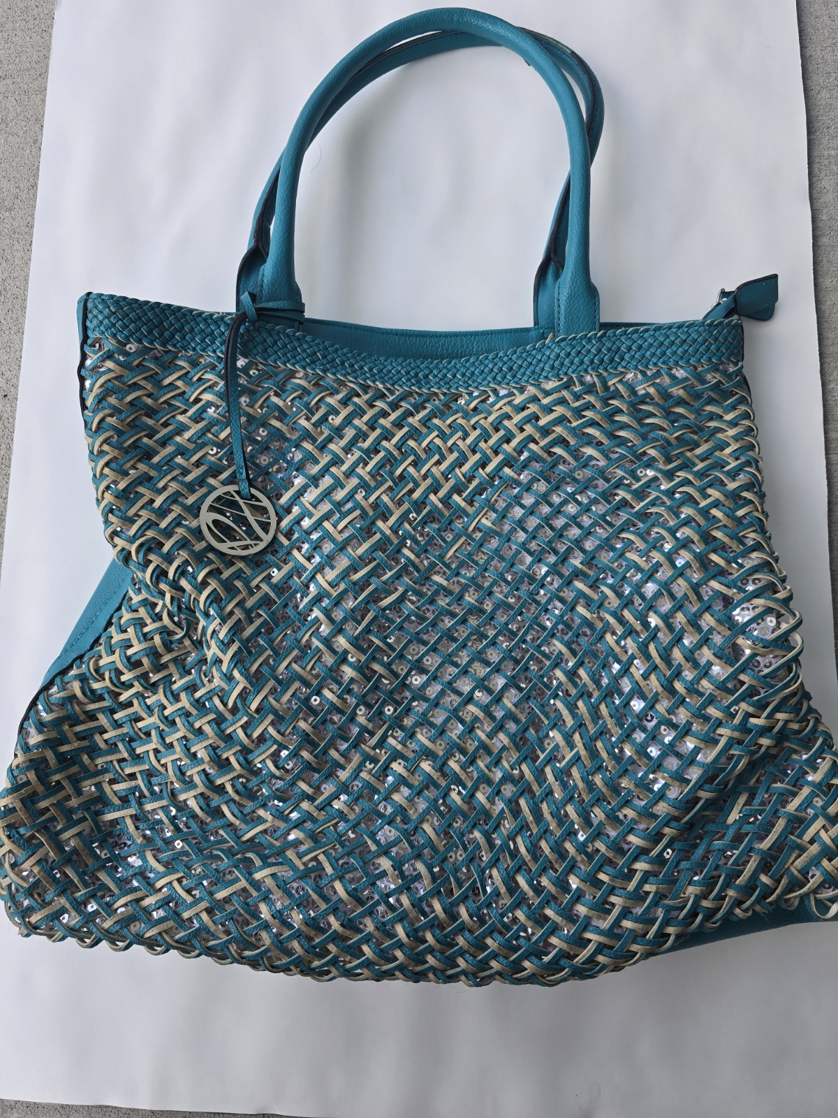 Sharif Studio Turquoise Woven Tote Bag Faux Leather Sequin Shoulder Purse