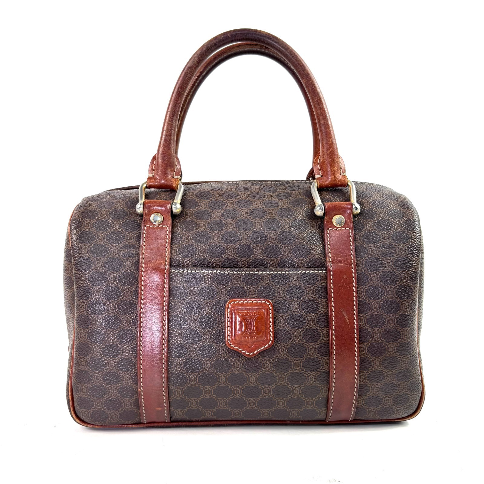 CELINE vintage Macadam Mini Boston Bag handbag Triomphe Logo Brown Leather Auth