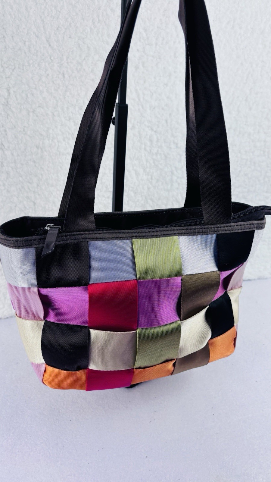 Seatbelt Woven Tote Satchel Patchwork Boho Artsy Handbag 11×8”