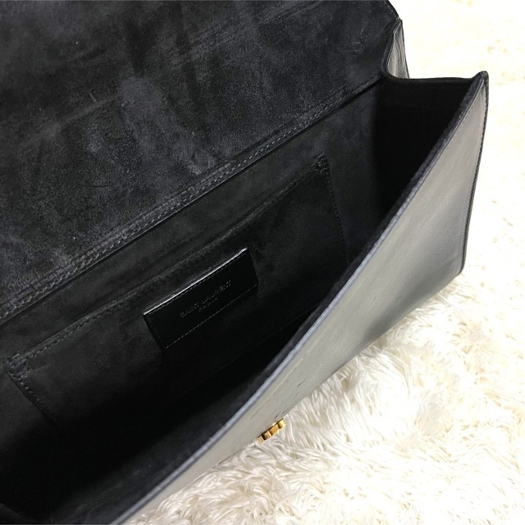 YVES SAINT LAURET Clutch Bag Gold Y Logo Black Leather Width 27.5cm Ladies w/Bag
