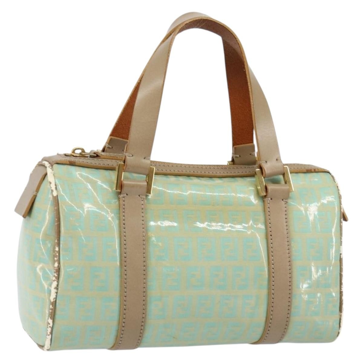 FENDI Zucchino Canvas Hand Bag Gold Light green Auth 144431