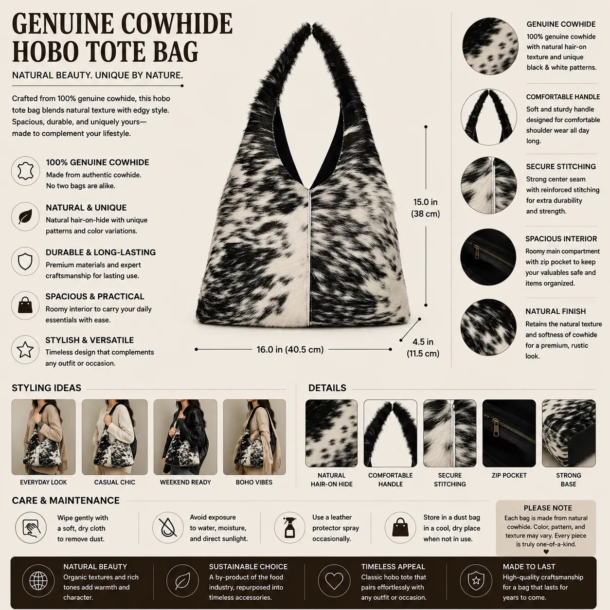 Natural Black Cream Brindle Hair-On Cowhide Leather Bag — Premium Cowhide Hair