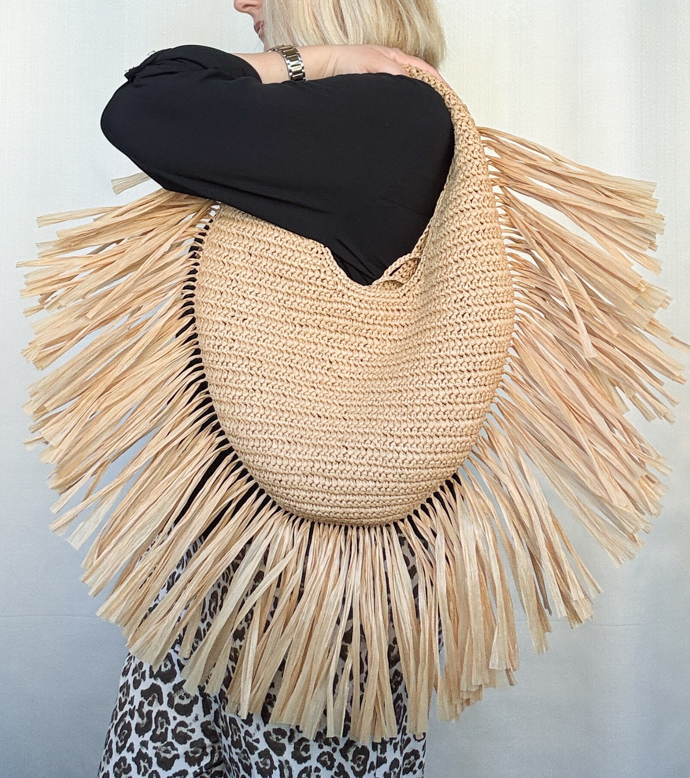 The Fringed Hobo Bag of Natural Raffia, Kraft color, Crescent Shape bag