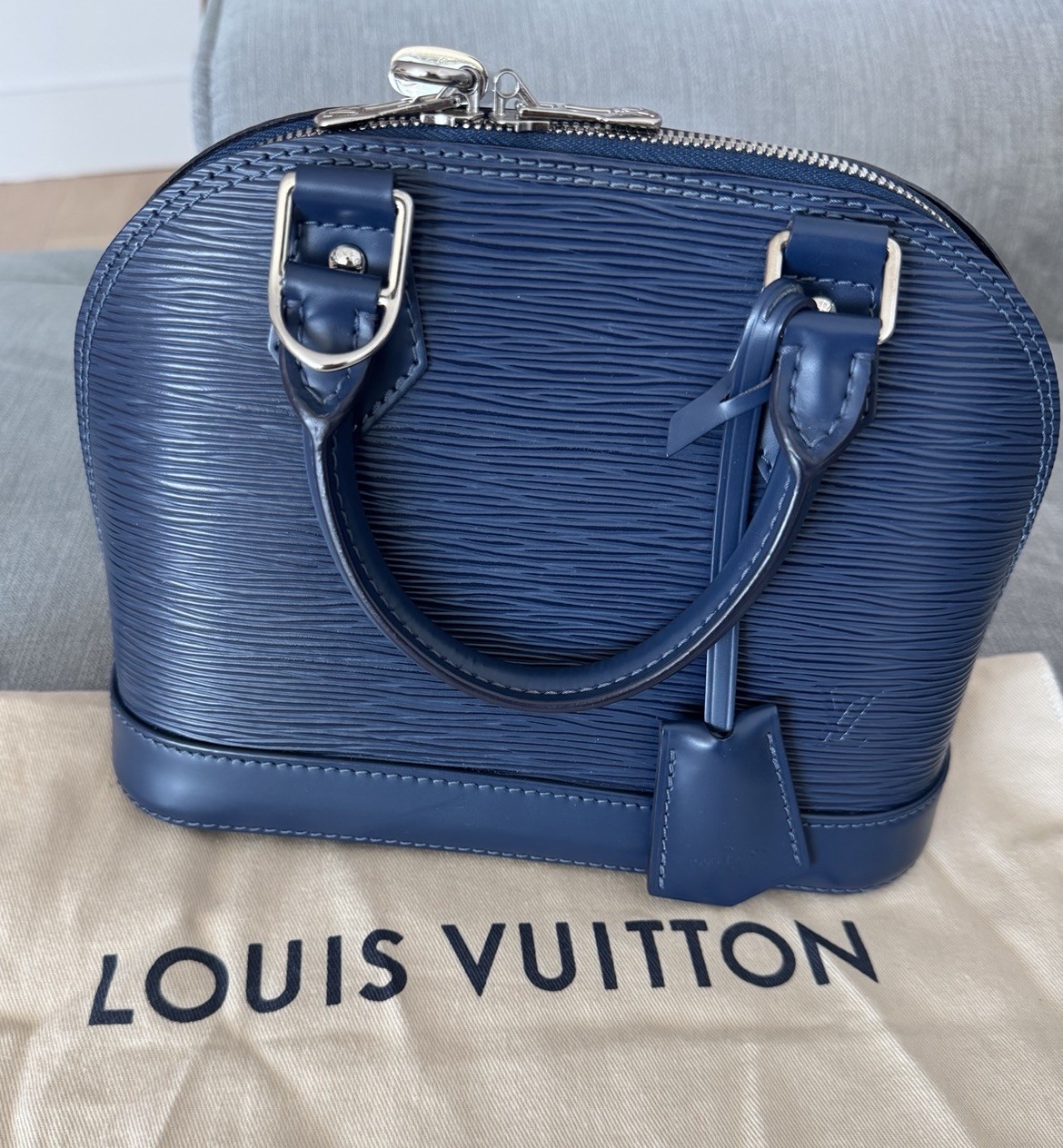 Louis Vuitton Alma BB Blue Epi Satchel Top Handle Zip Padlock Clochette