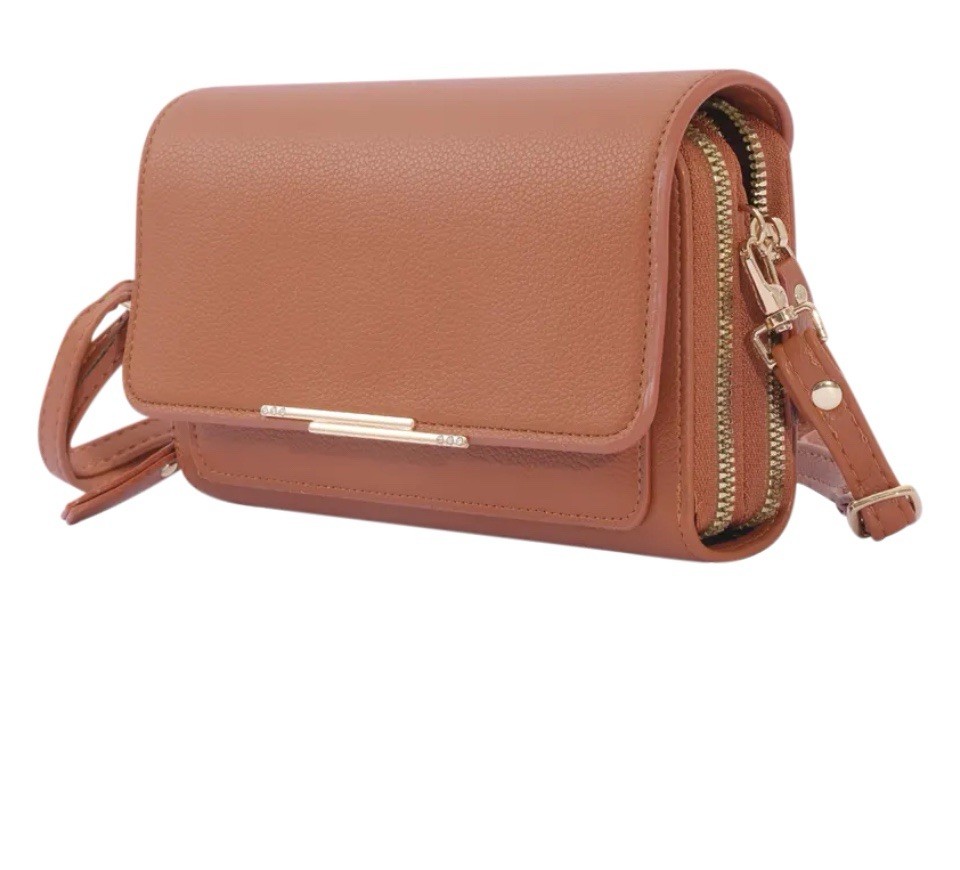 Donna & Becky Leilani Double Zipper Phone Crossbody with Metal Bar, Tan