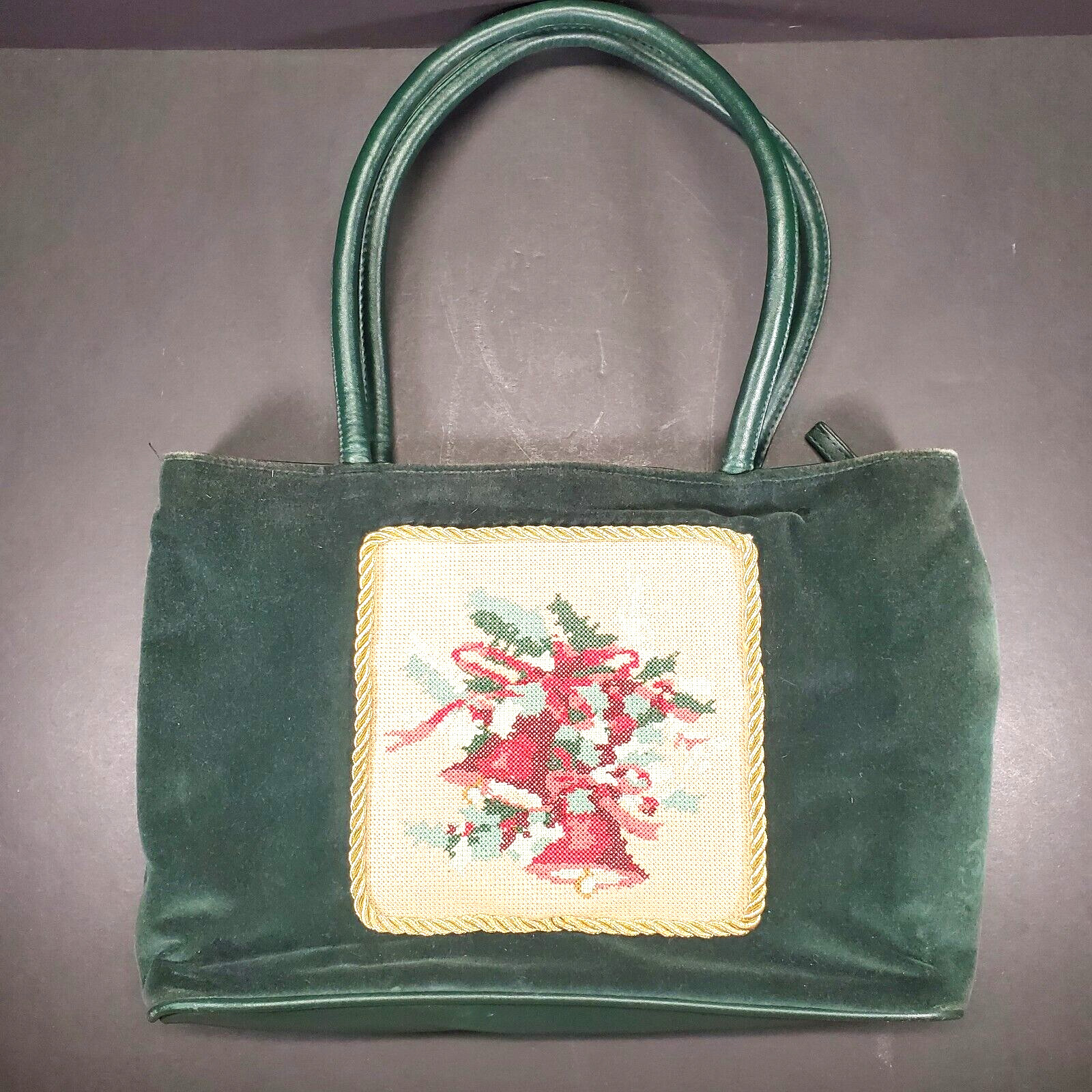 Kim Rogers Christmas Purse Shoulder Bag Velvet Hunter Green Bells Poinsettia VTG