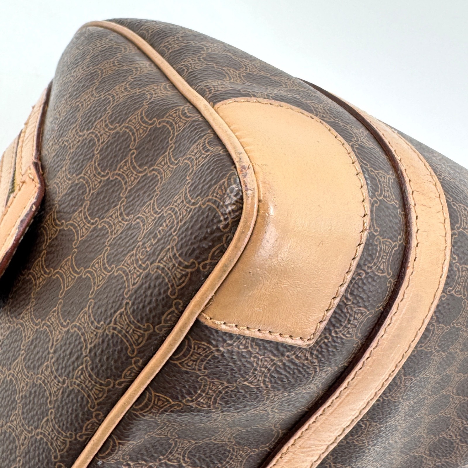 CELINE Mini Boston Bag Macadam PVC Leather Brown Vintage Authentic