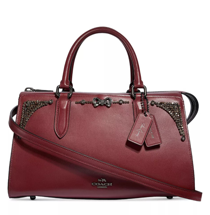COACH Selena Gomez Burgundy Leather Crystal Embellished Bond Satchel Bag