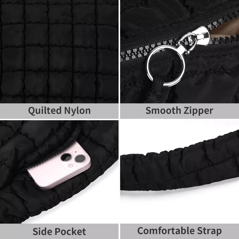 Womens Black Nylon Quilted Large Puffer Tote Shoulder Carryall Bag Side Pockets