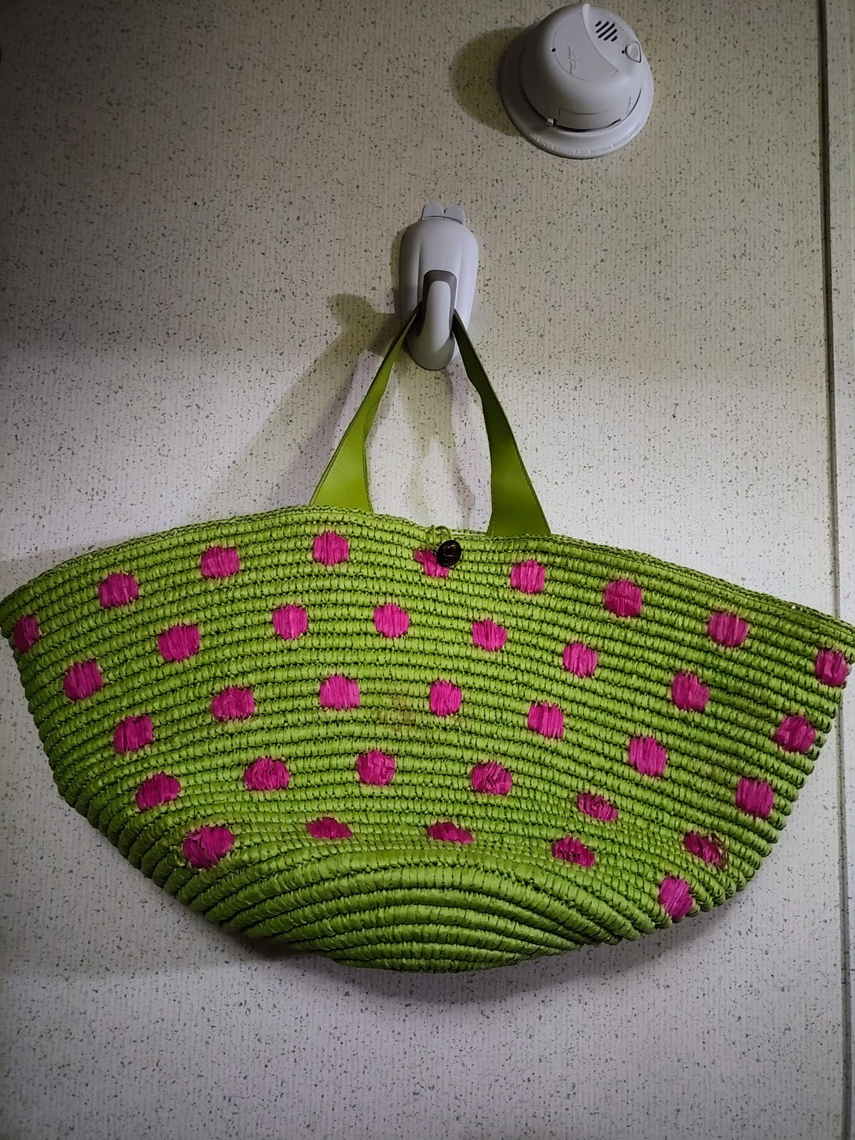 Murval Woven Straw Bag Beach Tote Green Polka Dot Pink Large 26x12in