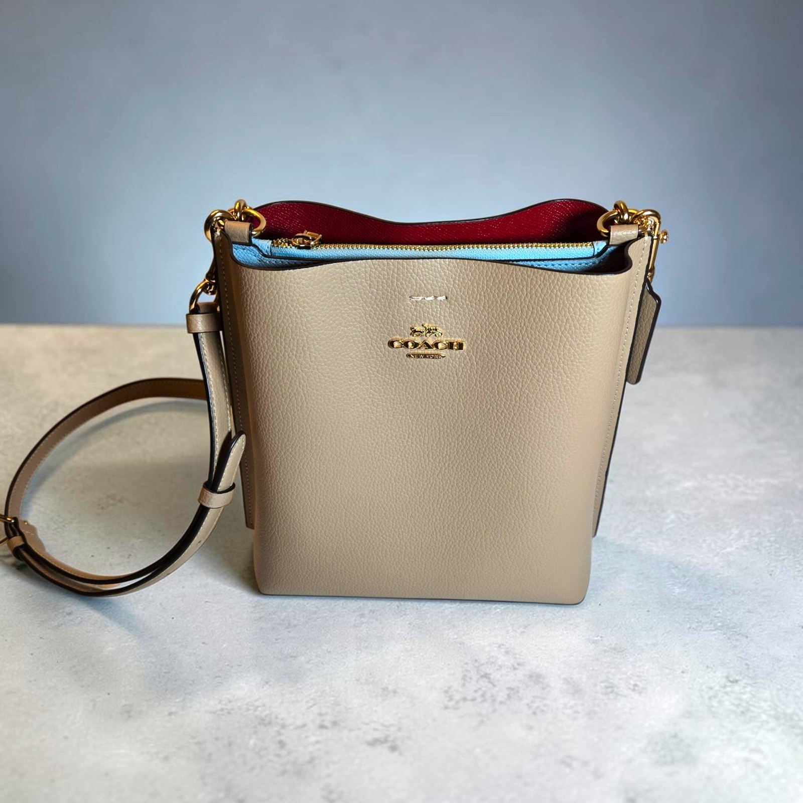 COACH Mollie Bucket Bag, Taupe/Red/Light Blue With 2 Detachable Straps
