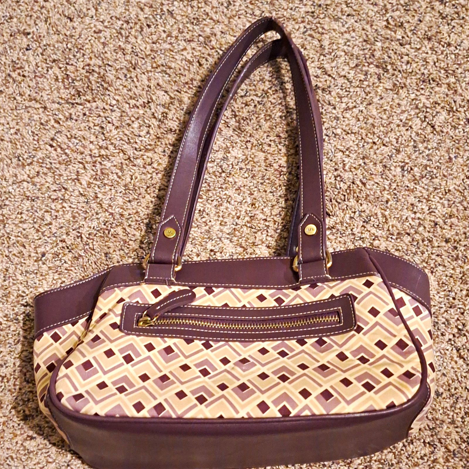 A.N.L. Brown/Beige Geometric Tote, Double Handles, Zip/Snap, Pockets, Gold