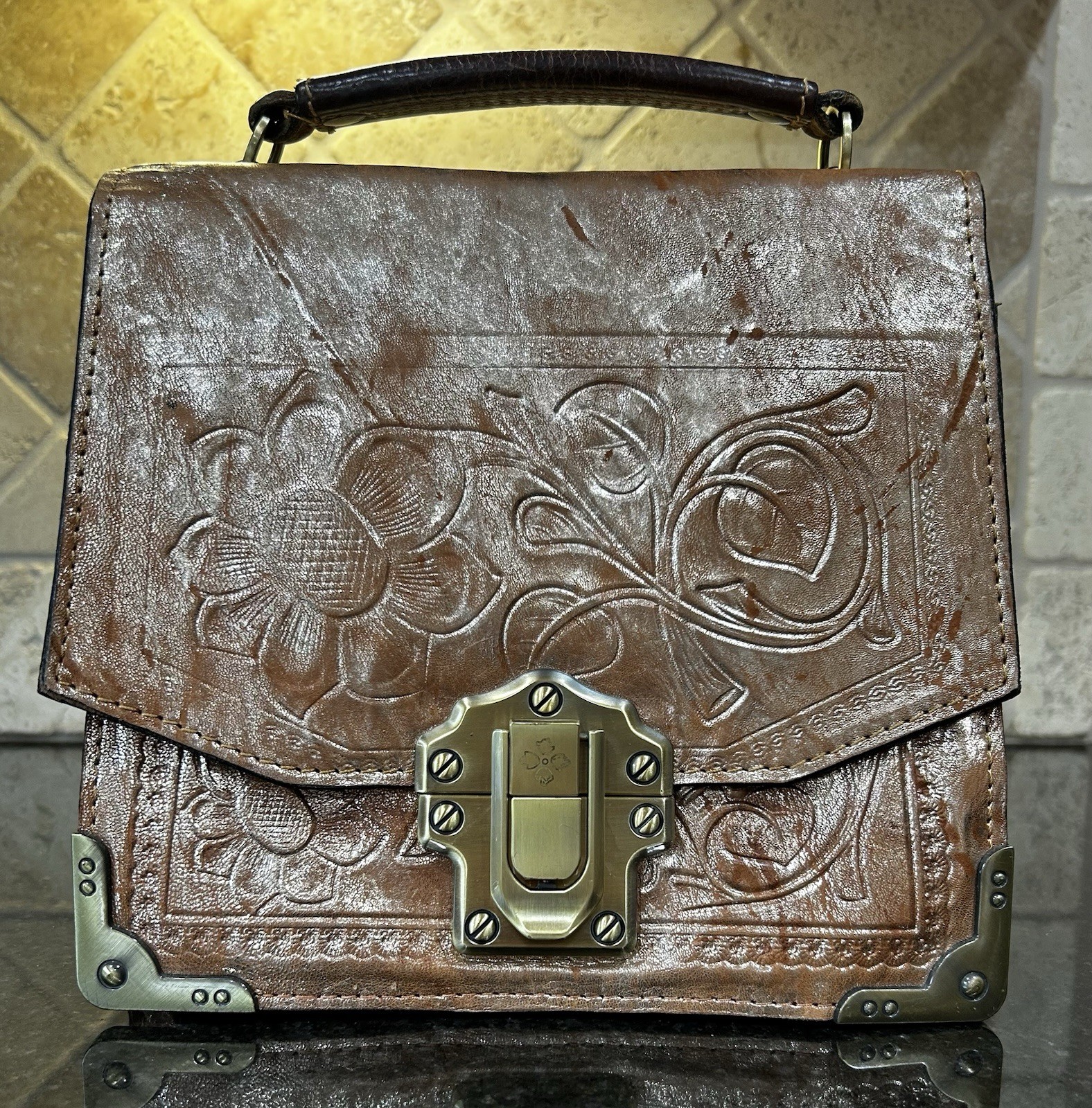 Patricia Nash Burnished Gold Tooled Leather Lanza Crossbody Bag