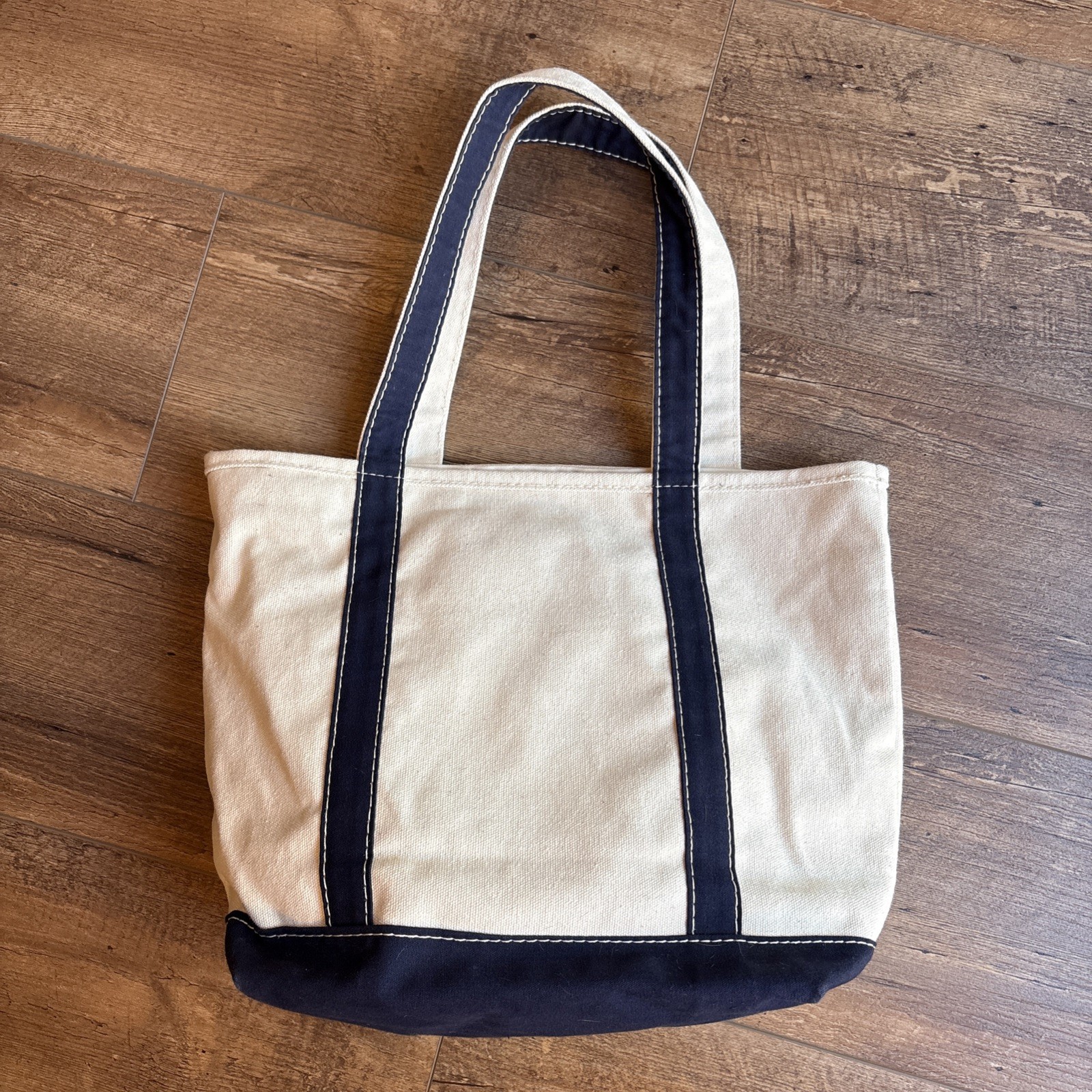 Lands’ End Canvas Tote Bag Large Navy & Cream Cotton Made in USA 18x13x6 inches