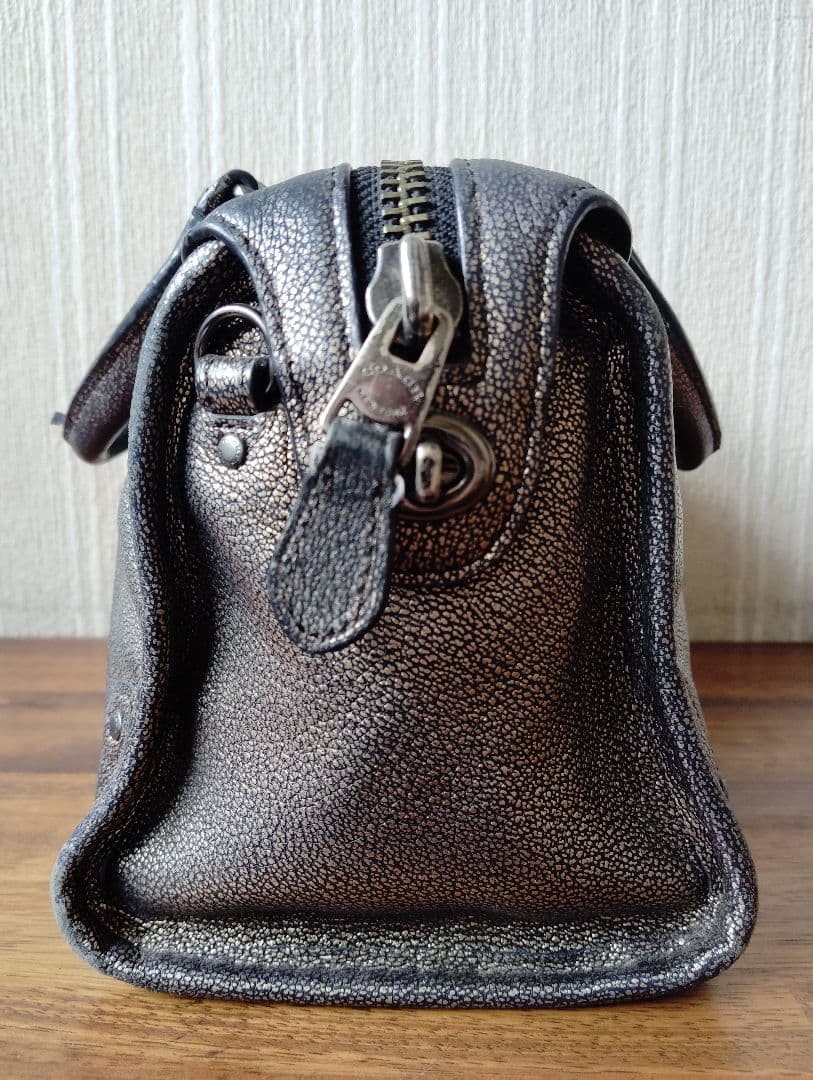 COACH Rhyder Satchel Metallic Pebbled Leather Black Handbag Authentic