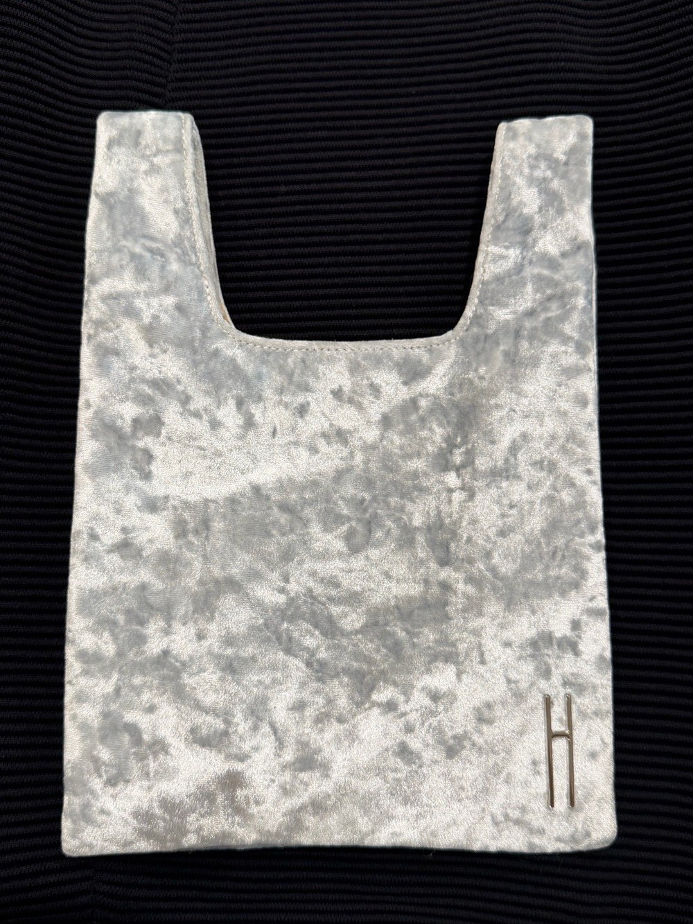 Hayward Mini Shopper Silver Crushed Velvet Tote with H Logo. Suede lined.