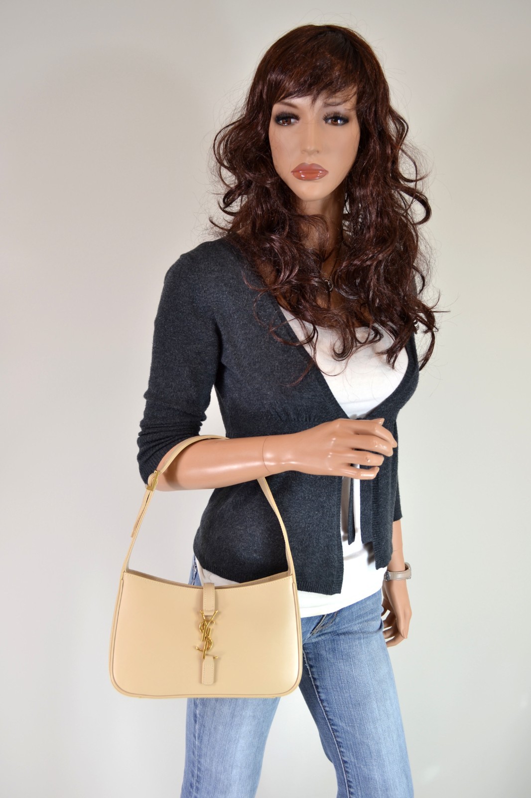 Saint Laurent YSL Le 5 a 7 Beige Smooth Leather Shoulder Bag Purse Handbag