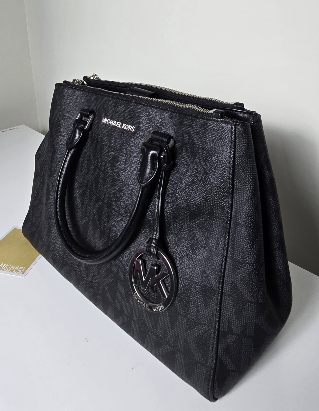 Michael Kors Black Monogram Satchel Top Handle Zip Bag w/ Detachable Strap