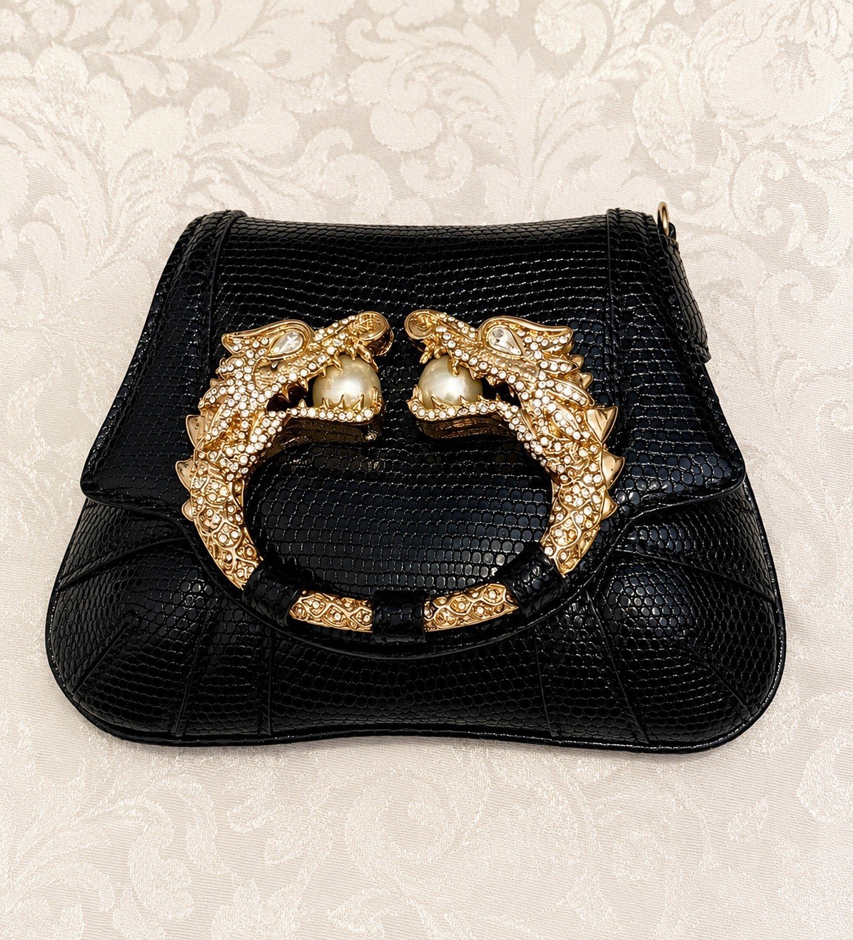 Vintage Gucci Tom Ford 2004 Dragon Head Mini Bag Black Lizard Embossed Leather