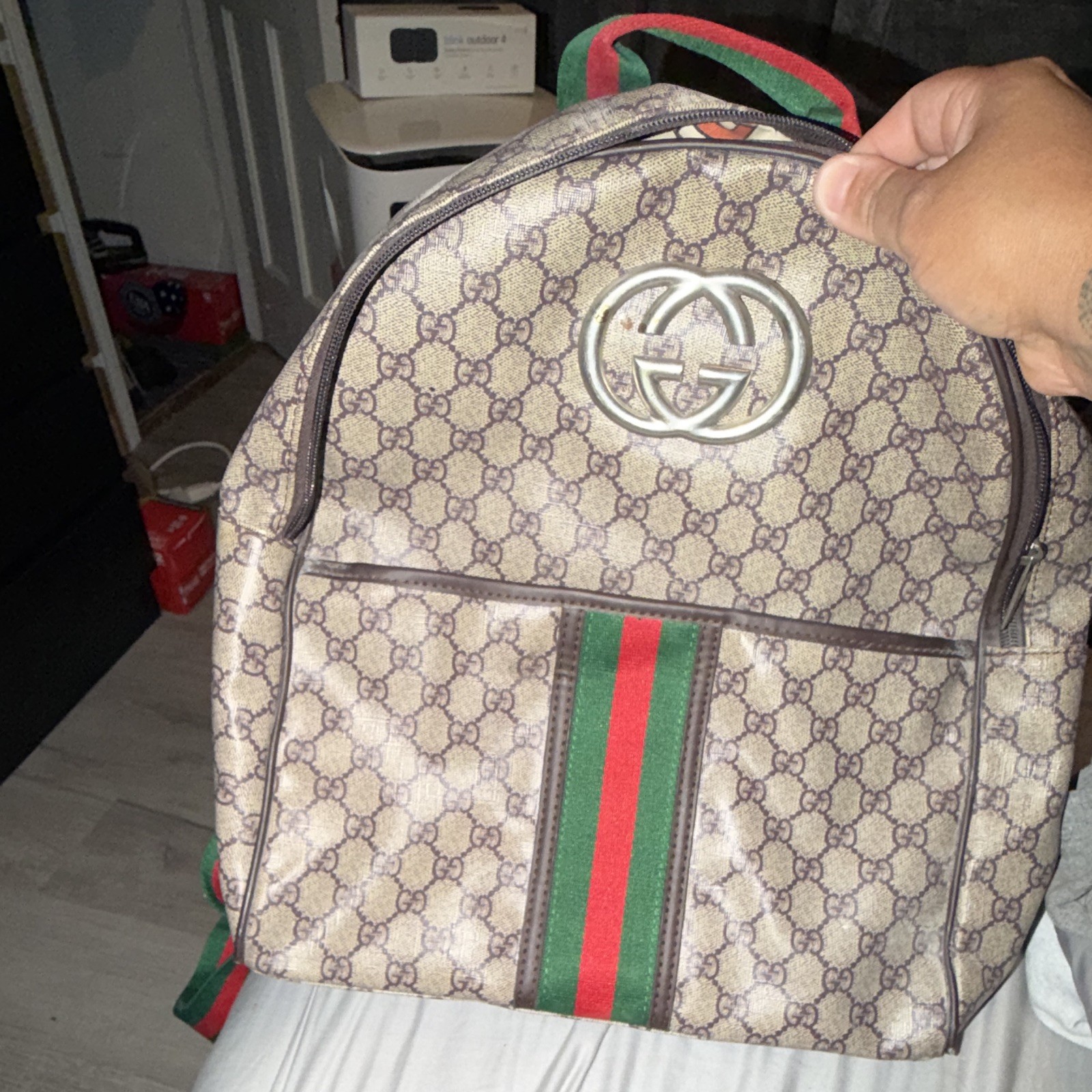 Gucci GG Beige/Brown Backpack Web Stripe Red/Green Straps Zip Logo Front Pocket