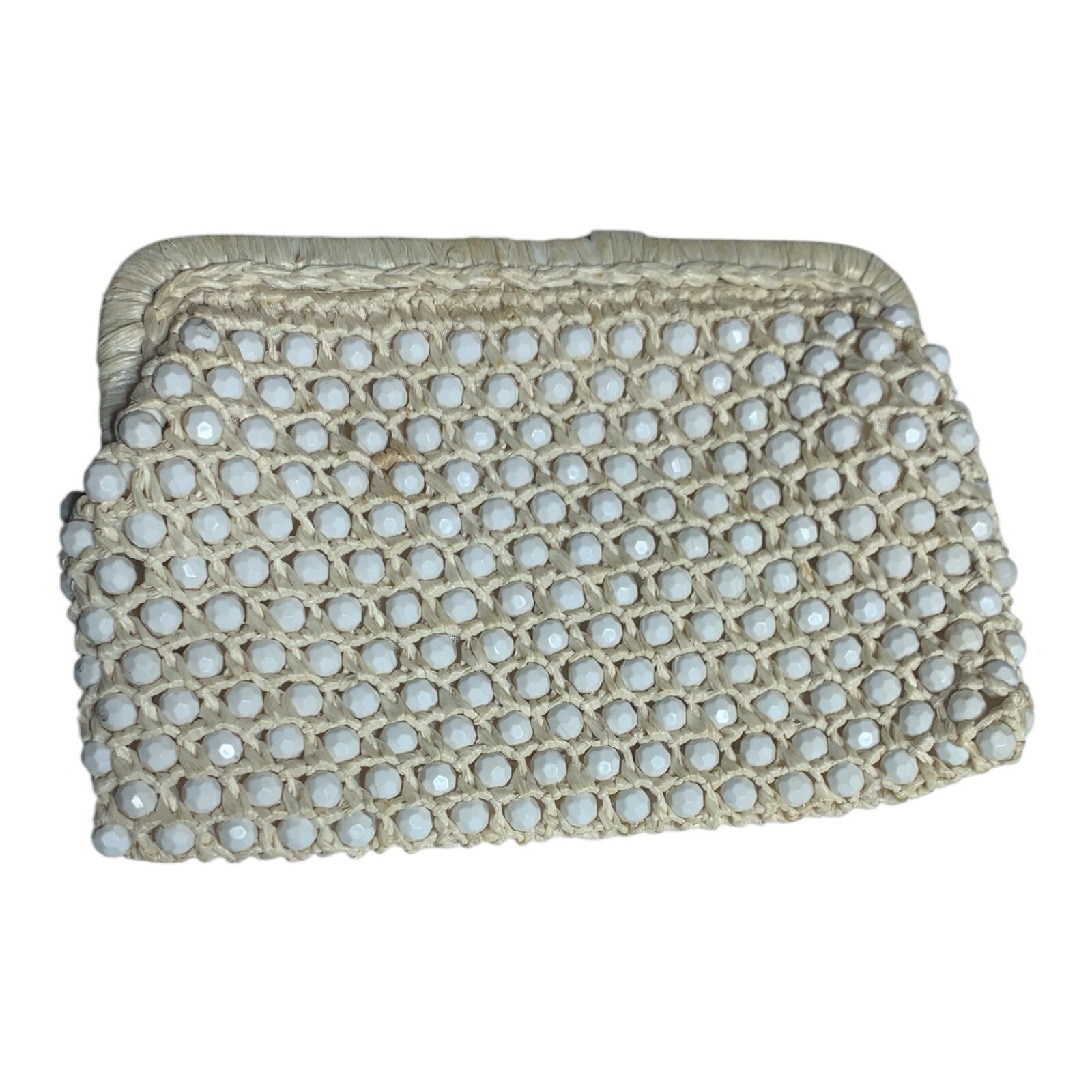 Vintage Italian Beaded Ivory Raffia Woven Kiss Latch Clutch Handbag 60s