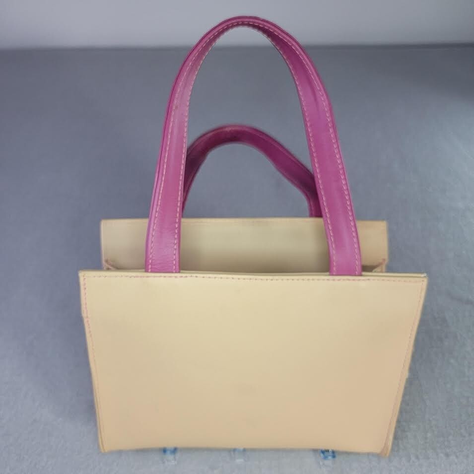 Vintage Handcrafted Purse Beige/Pink Leather Daisy Detail Handles RetroY2K NYC