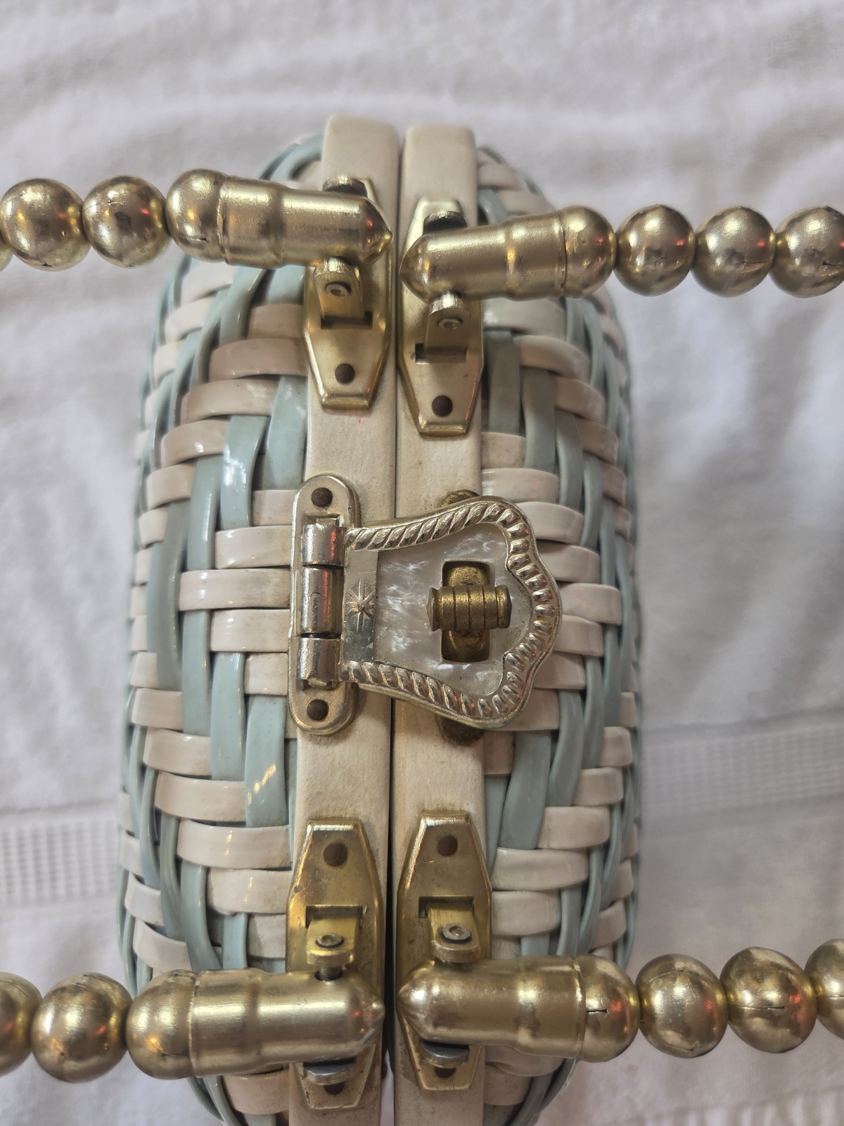 Vintage 1960s Walborg Blue & White Woven Wicker Bag | Gold Hardware