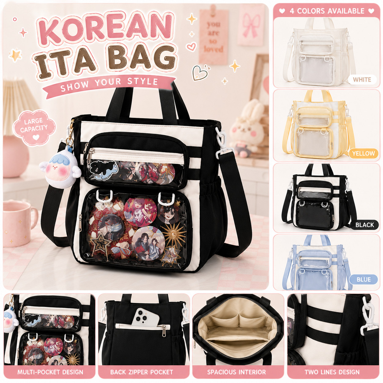Japanese Transparent Ita Bag Handbag Women Anime Portable Large Capacity.