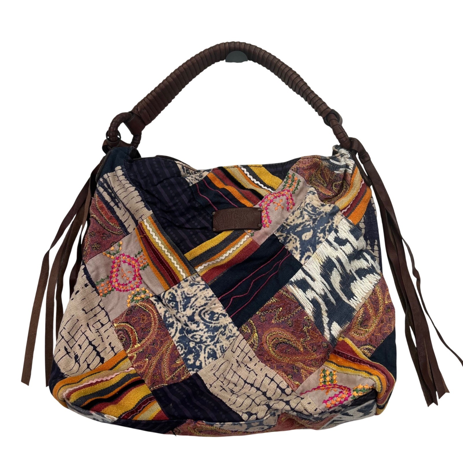 VTG Lucky Brand Mixed Media Patchwork Leather Fringe Shoulder Hobo Purse Y2K