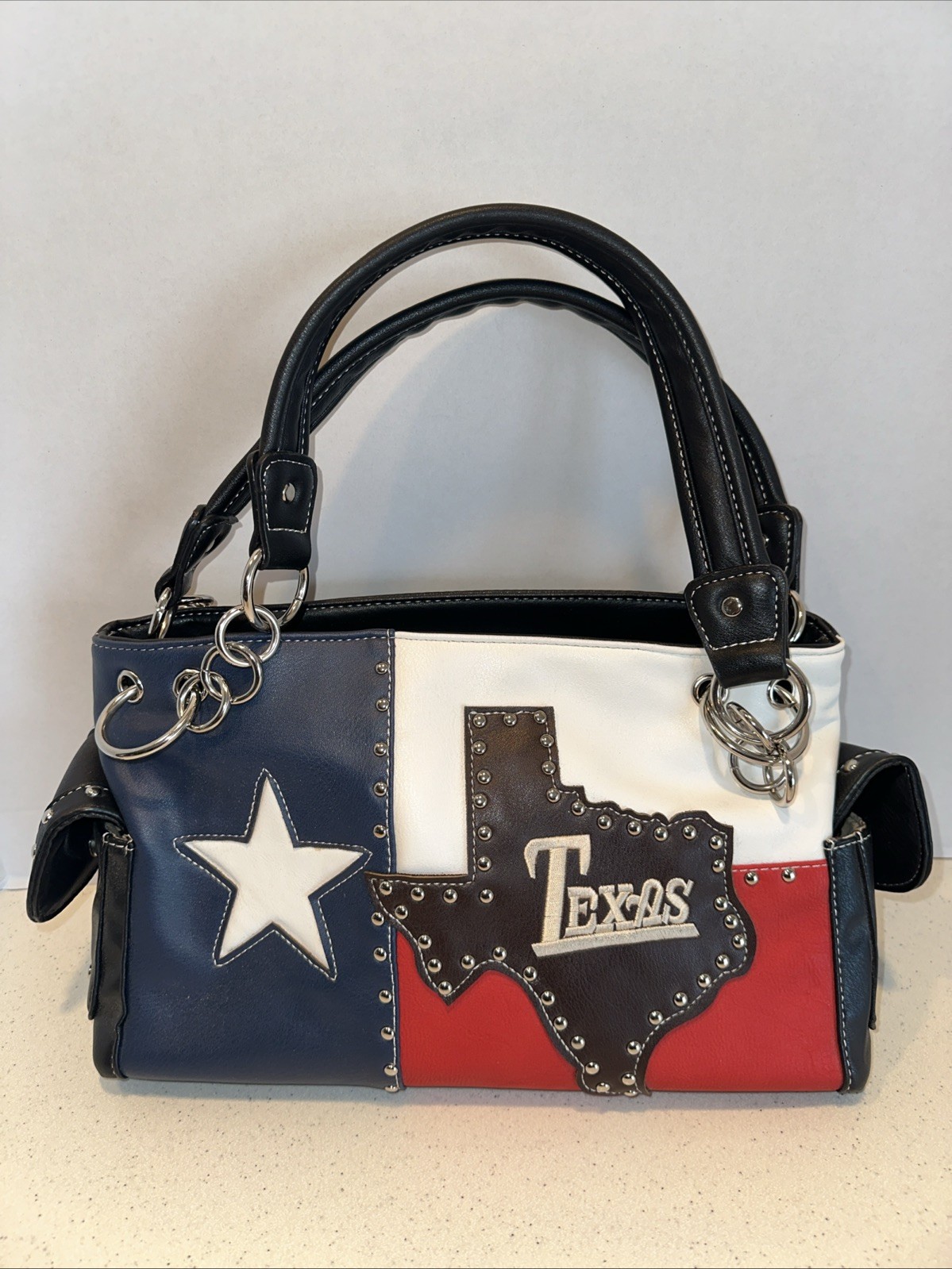 Justin West Carry Conceal Texas Flag Purse Handbag Silver Studs Red White Blue