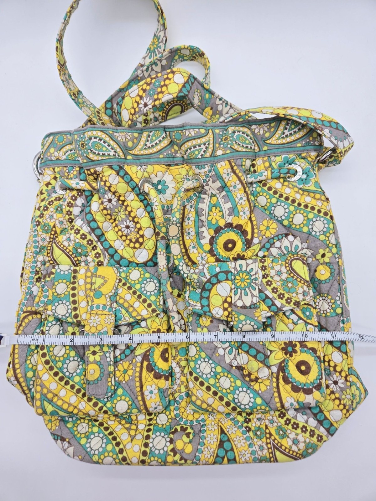 Vera Bradley Lemon Parfait Drawstring Tote Front Pockets Buckle Accent Bag